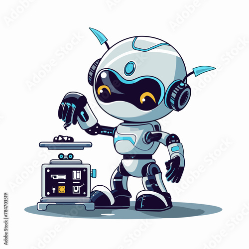Robot with a robot vacuum cleaner. Vector illustration on white background.