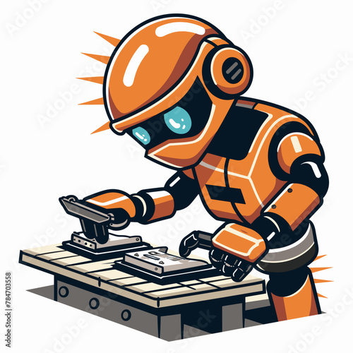 Robot working on a conveyor belt. Cartoon vector illustration.