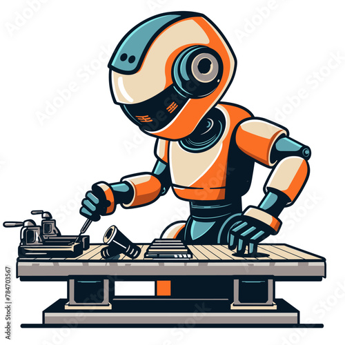 Robot working on a conveyor belt. Cartoon vector illustration.