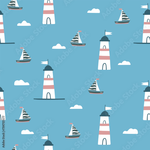 Marine seamless pattern with cartoon boat, lighthouse and cloudy