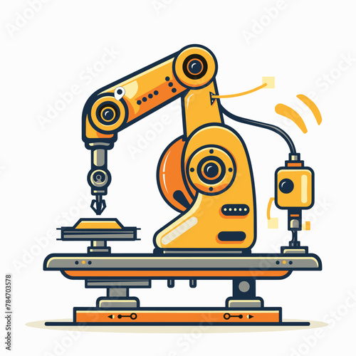 Robotic arm on a conveyor belt. Vector illustration in flat style.