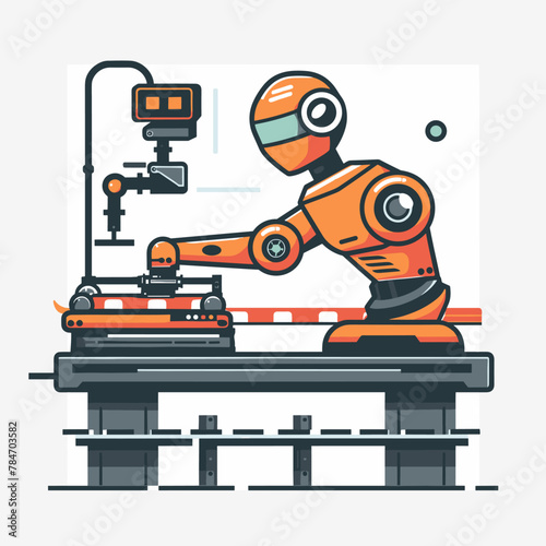 Robot working on the conveyor belt. Vector illustration in flat style