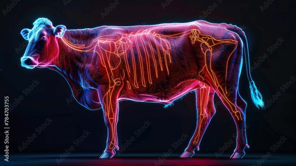 cow with muscles highlighted in neon color, on black background generative ai cow with muscles highlighted in neon color, on black background generative ai