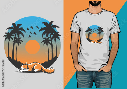 cat of retro sunsets in 80s and 90s style. Abstract sun at beach background with sunny vector and t-shirt design	