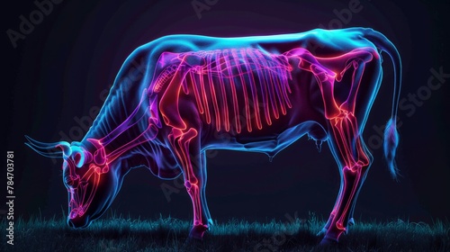 cow with muscles highlighted in neon color, on black background generative ai © Kelly