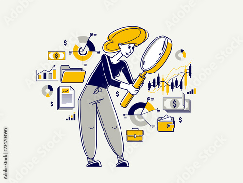 Financial analytics vector outline illustration, analytic with magnifying glass making inquiry about finances, financier reviewing cash-flow, budget balance.