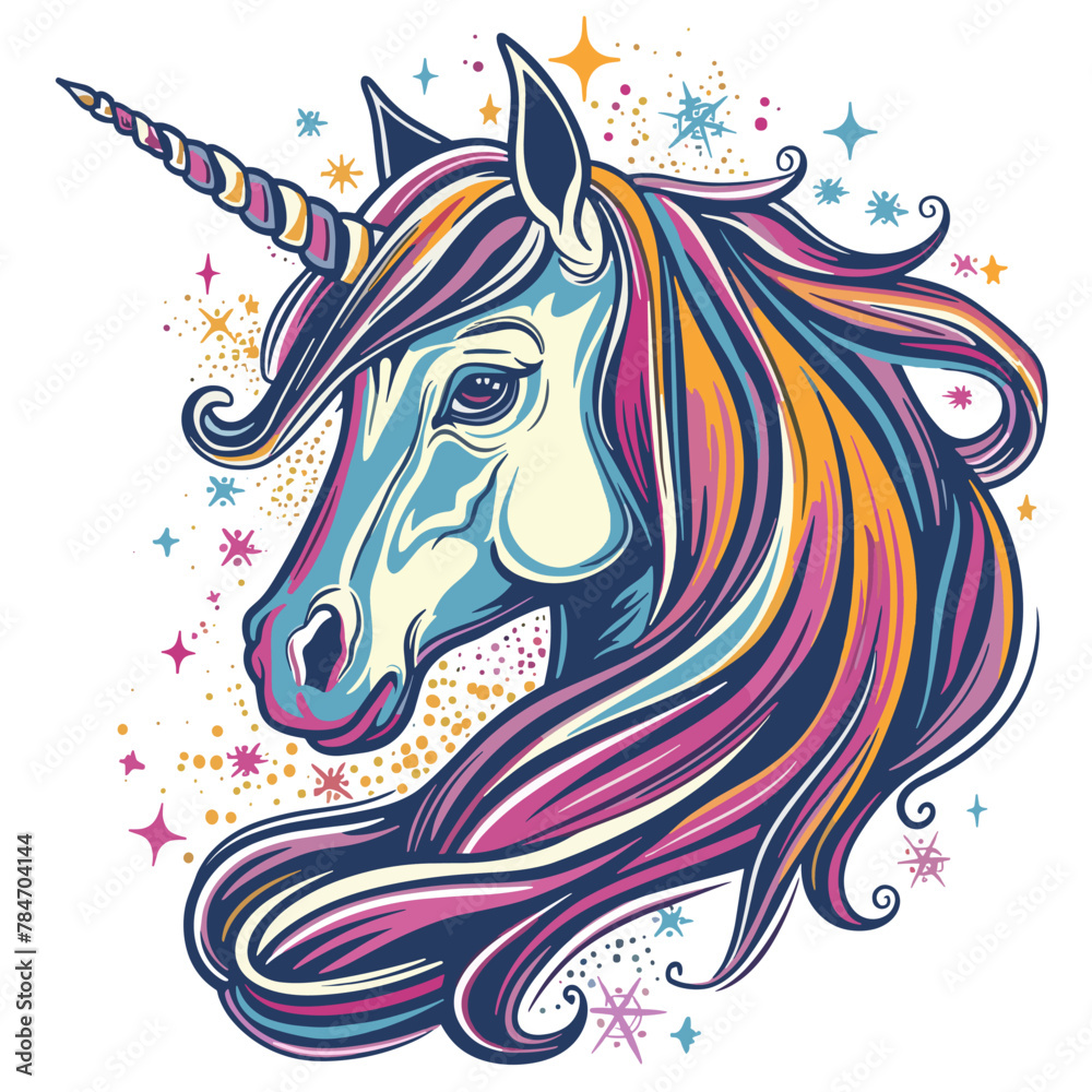 Unicorn head with rainbow mane and stars. Vector illustration Unicorn head with rainbow mane and stars. Vector illustration