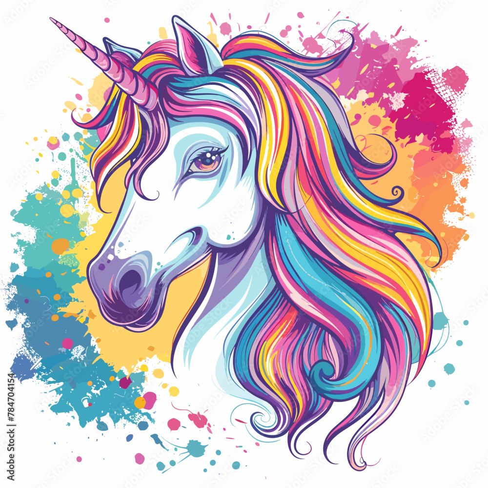Unicorn head with rainbow mane. Hand drawn vector illustration