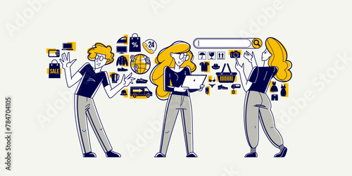 Online shopping and discount vector outline illustration, store workers team managing goods or customers have a big choice and enjoying cheap prices, advisers and consultants.