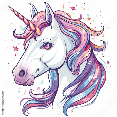 Unicorn head with long mane and horn. Vector illustration