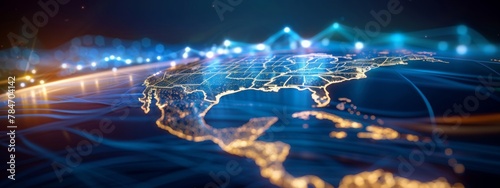 Abstract digital map of America  concept of American global network and connectivity  data transfer and cyber technology  information exchange and telecommunication