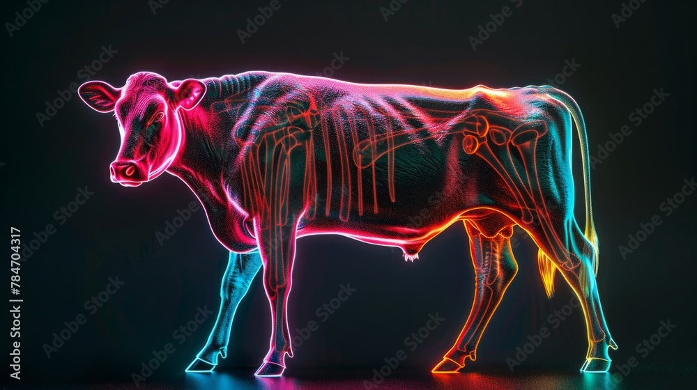 cow with muscles highlighted in neon color, on black background generative ai cow with muscles highlighted in neon color, on black background generative ai