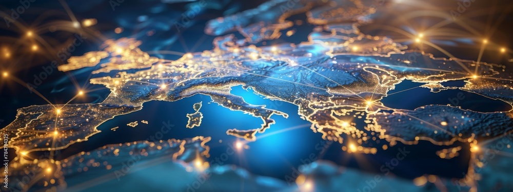 Abstract map of Western Europe, concept of European global network and connectivity, data transfer and cyber technology, information exchange and telecommunication Abstract map of Western Europe, concept of European global network and connectivity, data transfer and cyber technology, information exchange and telecommunication