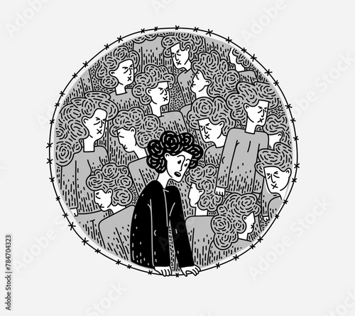 Totalitarian society and slaves and one person has a free mind and sees the problem, vector illustration negative culture of totalitarian matrix and nonconformist.