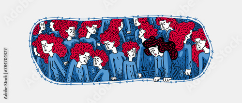 Totalitarian society and slaves and one person has a free mind and sees the problem, vector illustration negative culture of totalitarian matrix and nonconformist.