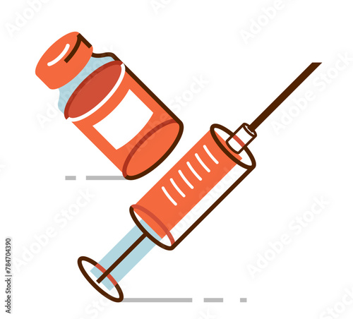 Vaccination theme vector illustration of a syringe with vial isolated over white, epidemic or pandemic coronavirus covid 19 or flu or SARS or any other vaccine, pharmacology concept.