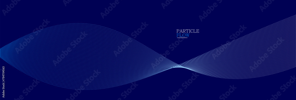 Dark blue abstract background, vector wave of flowing particles, curvy lines of dots in motion, technology and science theme, airy and ease futuristic illustration. - obrazy, fototapety, plakaty 