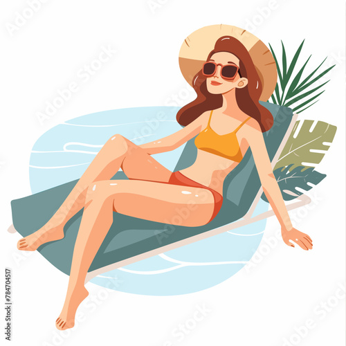 Woman sunbathing on a beach lounger. Vector illustration