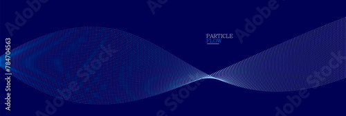 Dark blue abstract background, vector wave of flowing particles, curvy lines of dots in motion, technology and science theme, airy and ease futuristic illustration. © Sylverarts