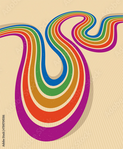 Retro style abstract background with curve lines in all colors of rainbow, 3D dimensional seventieth vector art.