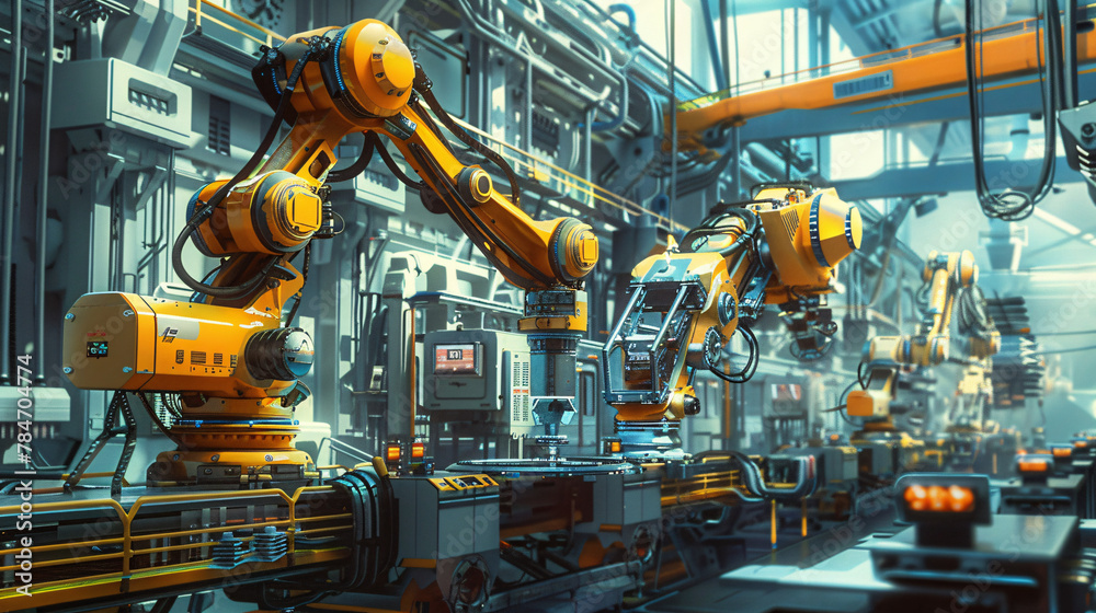 Robotics unit standing on conveyor belt in modern factory assembly line