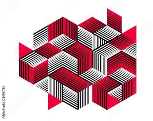 Black and red geometric vector abstract background with cubes and shapes, isometric 3D abstraction art displaying city buildings forms look like, op art optical illusion.