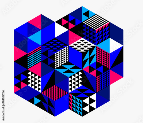 Abstract vector wallpaper with 3D isometric cubes blocks, geometric construction with blocks shapes and forms, cubic polygonal low poly theme.