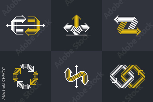 Concept arrows vector logos set isolated, double arrows symbol pictograms collection, stripy icon of arrow.