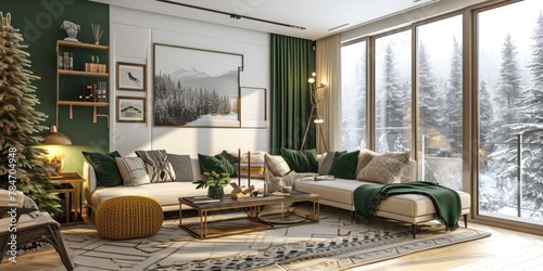 A beautiful apartment interior with a substantial window revealing a breathtaking mountain panorama, infusing the space with peace and natural beauty.