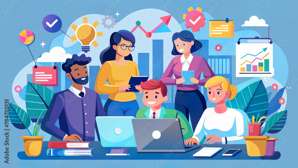 The group of five cartoon characters is presented in a lively and colourful office environment, where they carry out various work-related activities with laptops and documents. AI generated. The group of five cartoon characters is presented in a lively and colourful office environment, where they carry out various work-related activities with laptops and documents. AI generated.