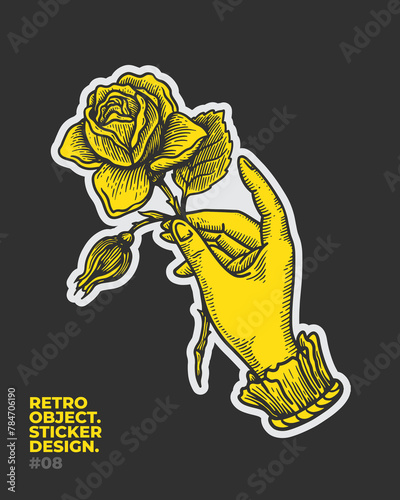 Sticker with a hand holding a rose. Romantic symbol in engraving style. Vintage vector illustration isolated on dark background.