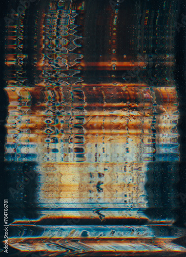 Glitch effect. Digital broken. Orange blue black color distortion rainbow wave fuzzy texture vibration signal interference grunge abstract background.