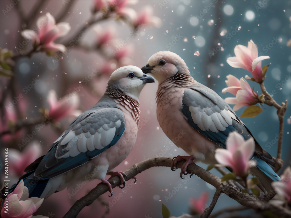 Kissing doves birds pair with magnolia flowers romantic spring illustration Kissing doves birds pair with magnolia flowers romantic spring illustration