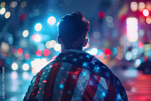 Back view of a man with American flag over shoulders against vibrant city lights, embodying urban pride