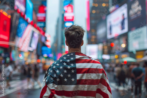 Back view of a man in an American flag on a bustling city street, signifying urban patriotism