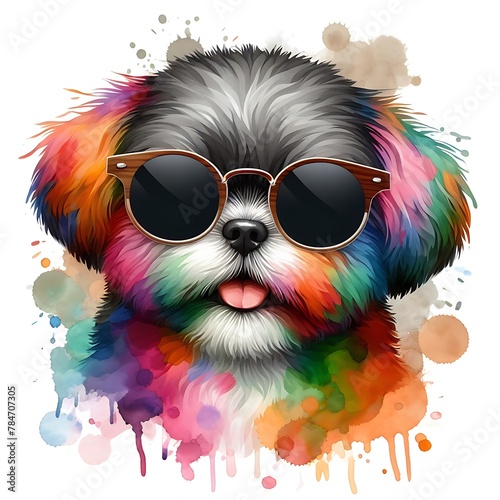 Cartoon Shih Tzu Dog: Abstract Watercolor Painting with Colorful Details and Sunglasses, Perfect for T-shirt Prints or High-Quality Wall Art. © MrArsalan`s Art
