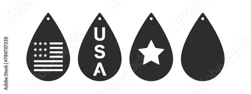 Set of 4th of July teardrop earrings, pendant or keychain design. Jewelry silhouette cut template. Laser cutting with leather, wood or metal. Vector illustration file