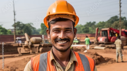 Amidst the construction site, a worker in a helmet stands tall, meeting the camera's gaze with unwavering determination.