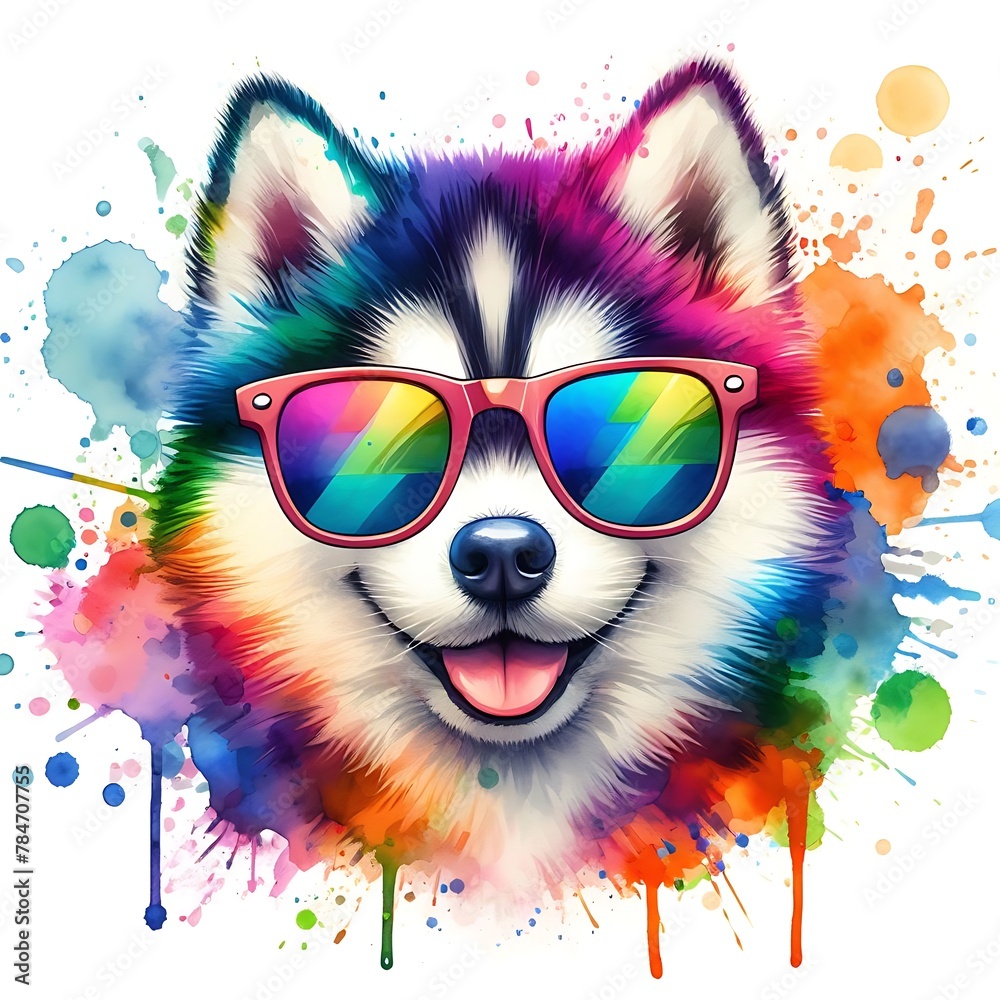 Cartoon Siberian Husky Dog: Abstract Watercolor Painting with Colorful Details and Sunglasses, Perfect for T-shirt Prints or High-Quality Wall Art.