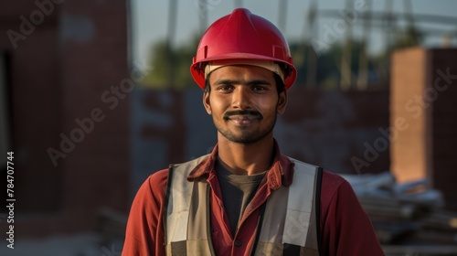 A focused worker, helmet-clad, stands tall in the foreground, while the dynamic construction site forms a bustling backdrop.