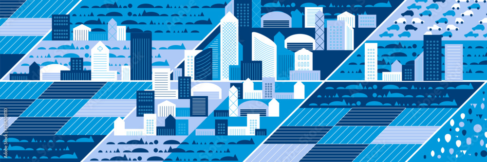 Fototapeta premium Cityscape panorama. Megapolis city view. Smart city. Urban landscape with many building. Collection of houses, skyscrapers, buildings, supermarkets with streets and traffic. Vector illustration