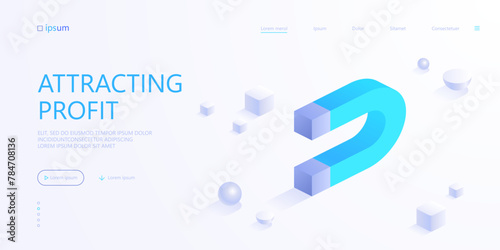 Horseshoe magnet icon. Magnetic power, gravitation, source of magnetism concept Attracting profit and money in business symbol. Isometric vector illustration for visualization of business presentation