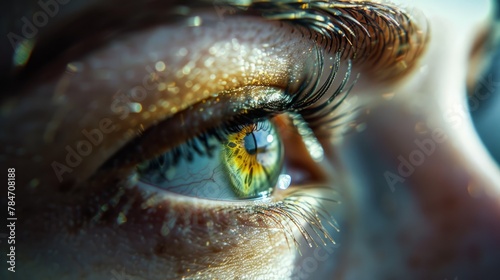 An extreme closeup of a persons eyes, with a faint reflection of a social media profile page visible in the iris, symbolizing the influence of social media on selfimage and selfesteem. photo