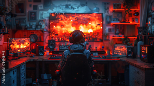 person siting in the chair and playing games on pc in front of moniter  photo