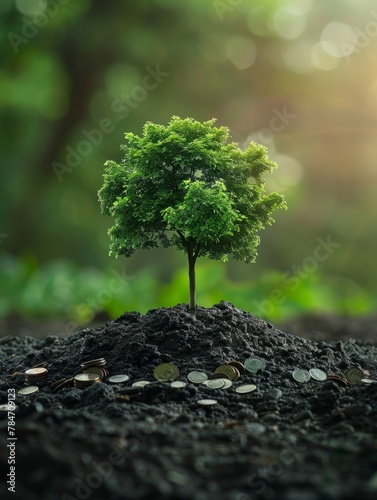 Coins stacked on the soil provide the soil for the tree to grow on. Renewable energy generation is essential for the future. Saving money for the future. Investment Ideas and green business growth.