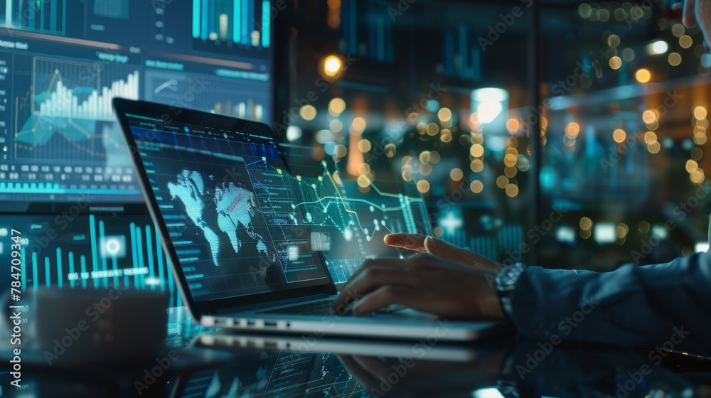 Cropped photo of businessman analyzing business diagram, marketing statistics and finance market graphs on laptop monitor in the office. hyper realistic 