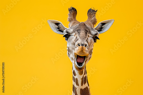 A giraffe is smiling and making a funny face photo