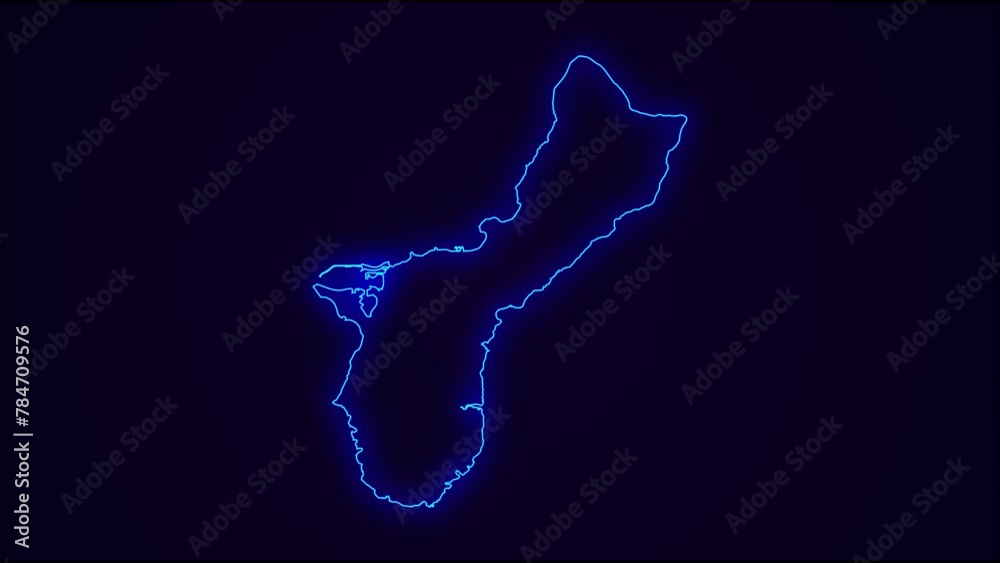 Guam Map Outline Country Border on dark blue.  Neon Lights  colorful animation transition. Flag of Guam. Animation in neon style. 4k Resolution.