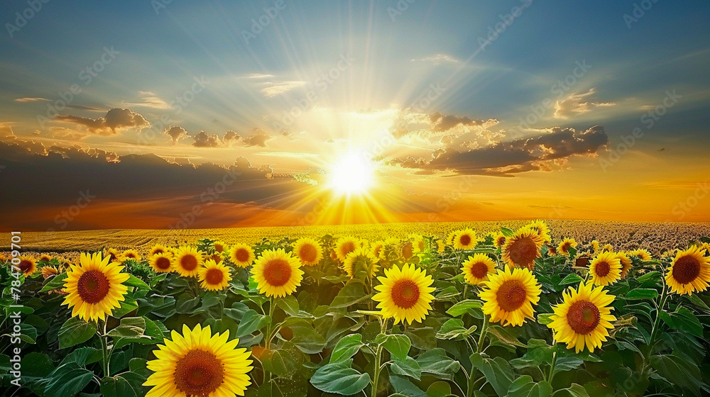 Obraz premium A smiling sunflower field under a bright sky, joy without faces