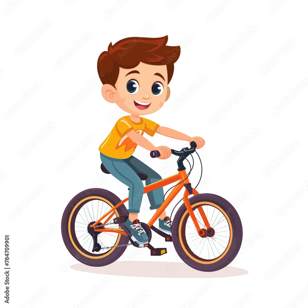 A young boy is riding a bicycle with a helmet on. He is smiling and he is enjoying himself